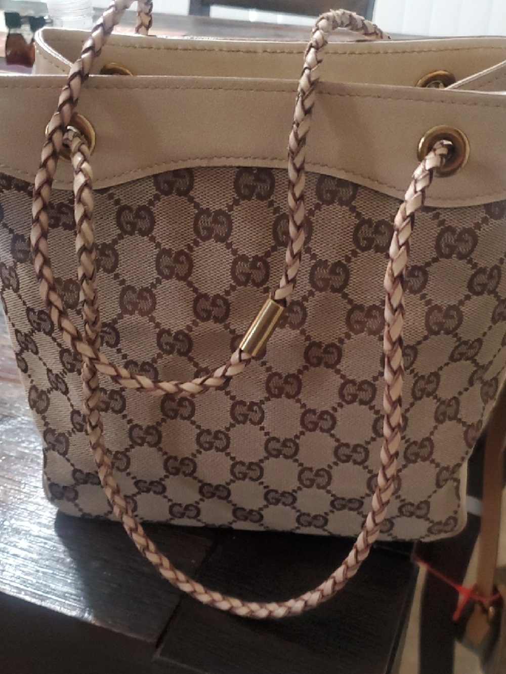 Gucci Beige and Brown GG Canvas Drawstring Tote with Braided Handles - Picture 2 of 16